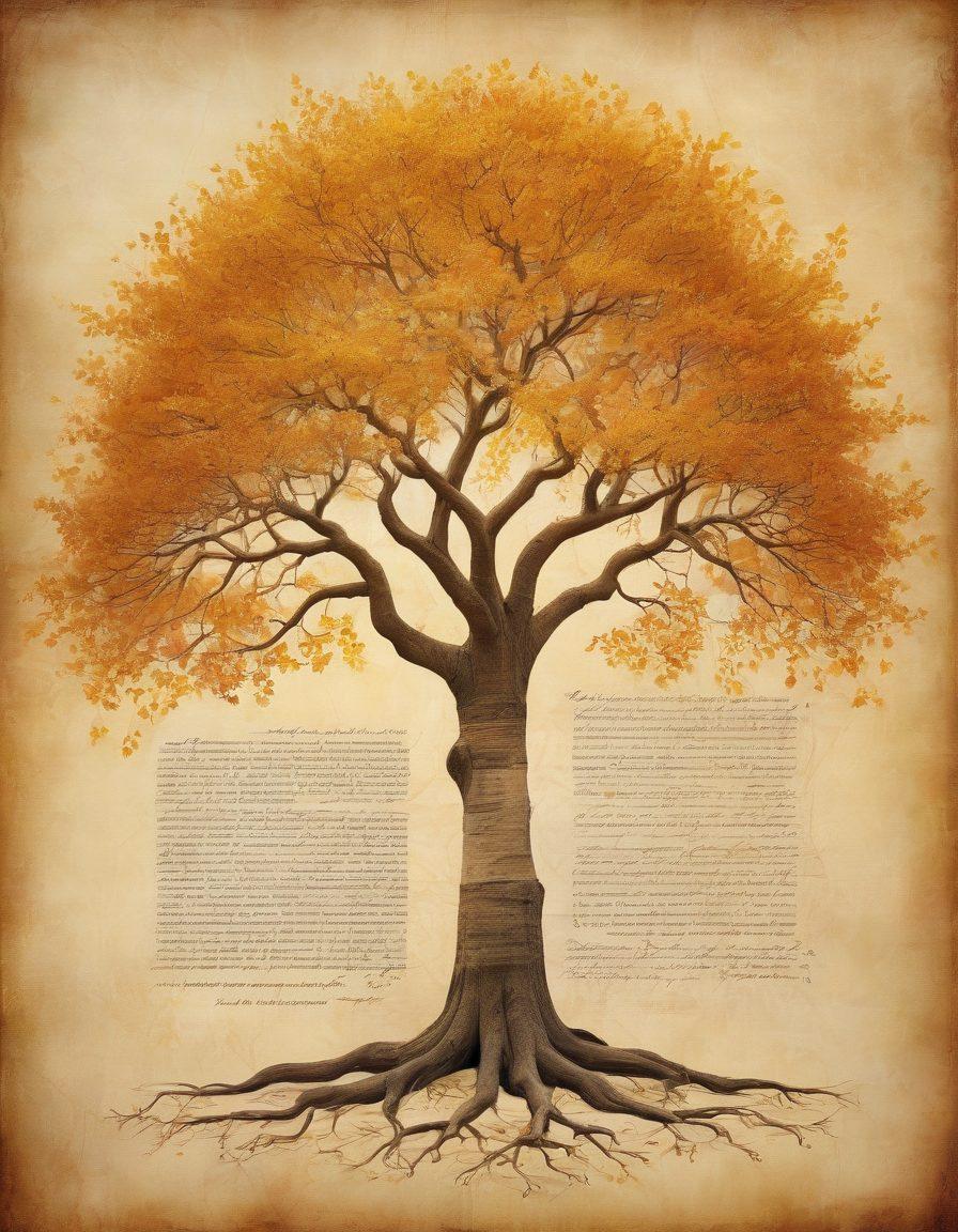 A lush, expansive family tree with golden leaves, photos, and documents interwoven among its branches, showing generations connected by glowing threads. An ancient parchment background with faint, historical scripts and maps. A serene, warm glow suggesting love and heritage. super-realistic. vibrant colors. vintage touch.
