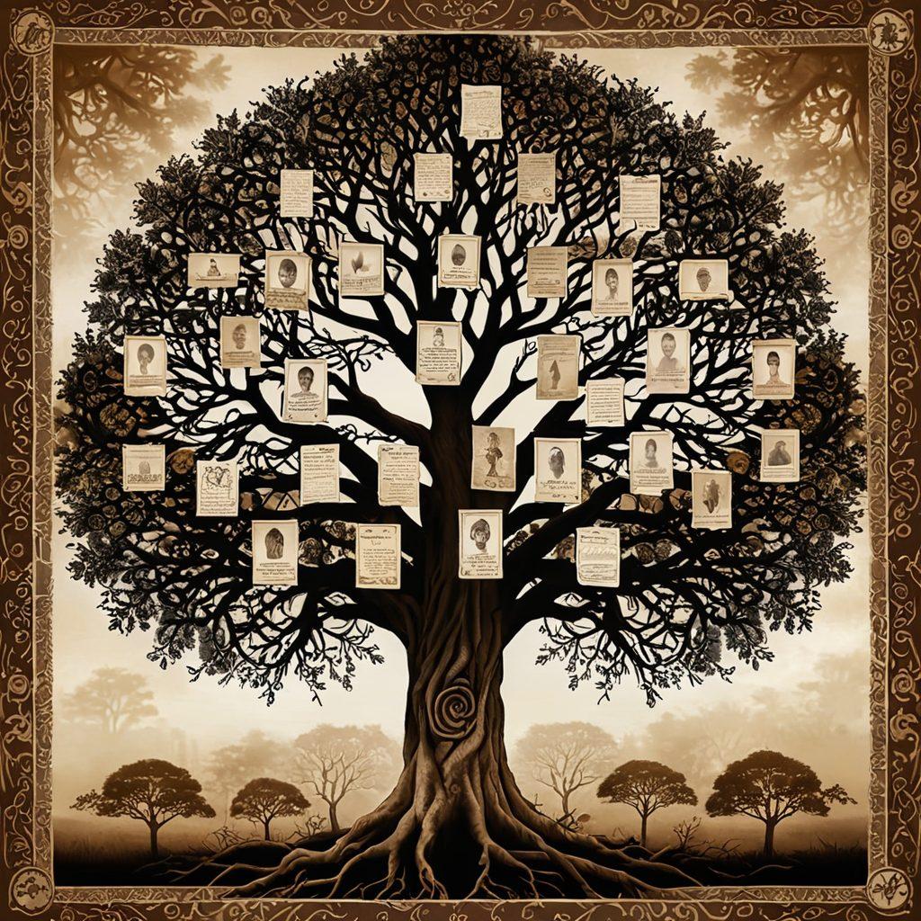 A majestic old tree with sprawling roots and branches that intertwine to form a family tree, each branch showcasing sepia-toned portraits of ancestors. Surrounding the tree, a tapestry weaves together historical documents, maps, and artifacts from various eras. A path leads from the tree into a misty horizon, symbolizing the journey of discovering one's heritage. Digital art. rich details. warm earthy tones.